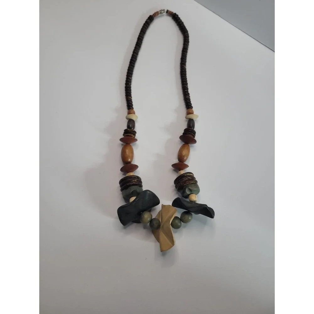 Earth Tone Chunky Statement Necklace Brown Orange Gray Beaded Boho Artisan Style